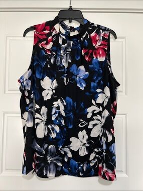 Nine West Black Floral Sleeveless Mock Neck Blouse - Blue, White, Red
